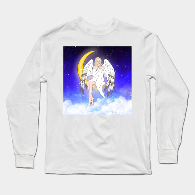 Crescent Moon Angel w Background Long Sleeve T-Shirt by RavenRarities